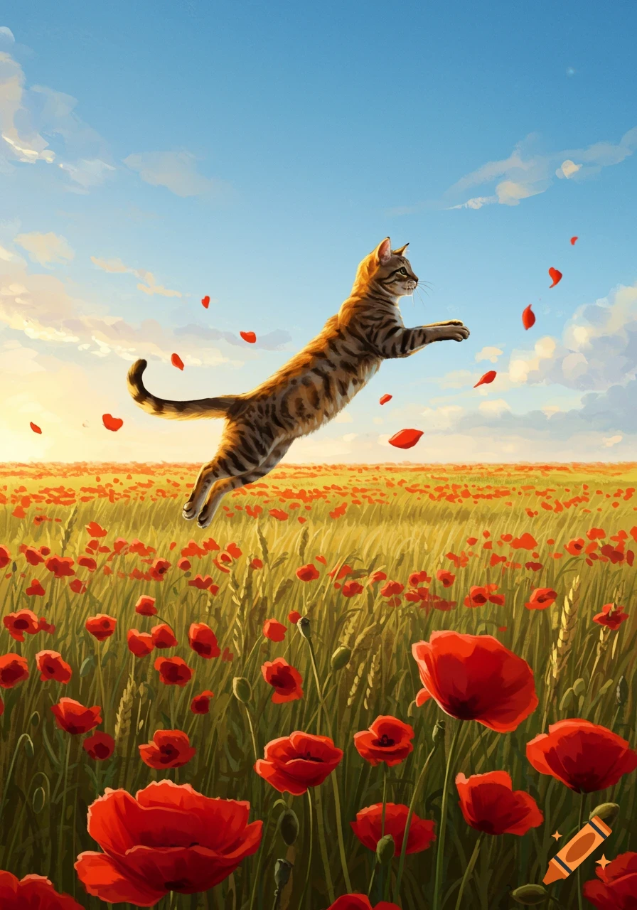 A tabby cat leaps joyfully through a vibrant field of red poppies under a clear blue sky with golden sunlight.
