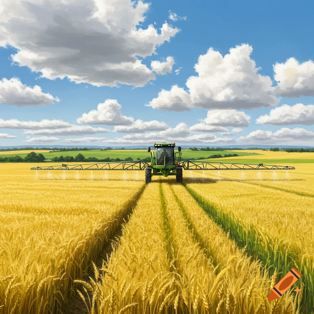 A green agricultural sprayer moves through a golden wheat field under a blue sky with white clouds, in a painterly style.