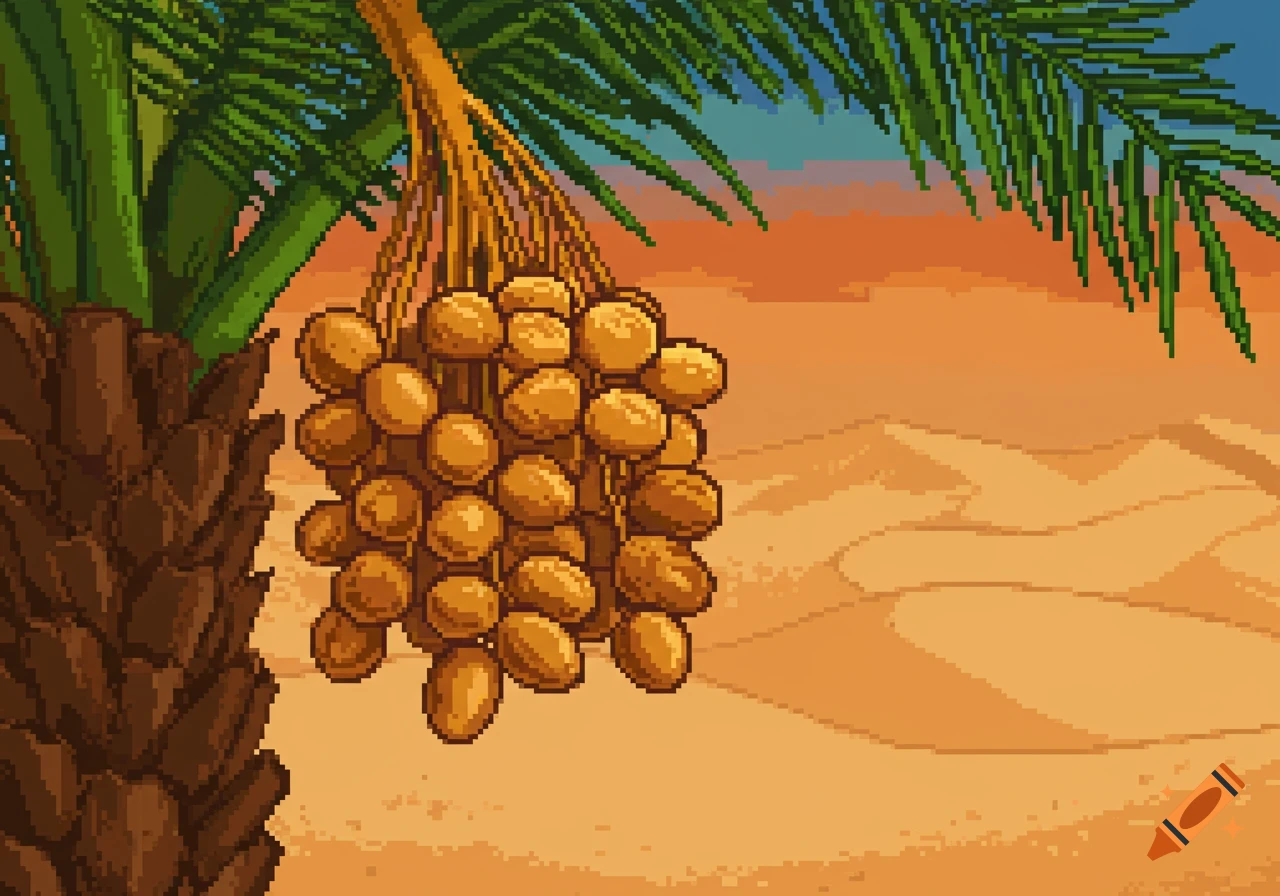 Pixel art of a large cluster of dates hanging from a palm tree in a desert landscape.