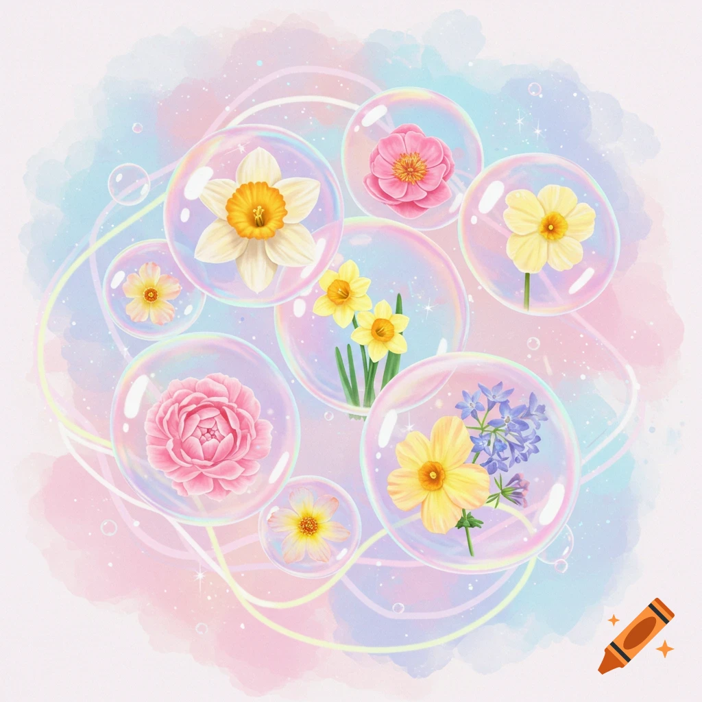 Colorful whimsical illustration of various flowers in iridescent bubbles on a soft pastel watercolor background.