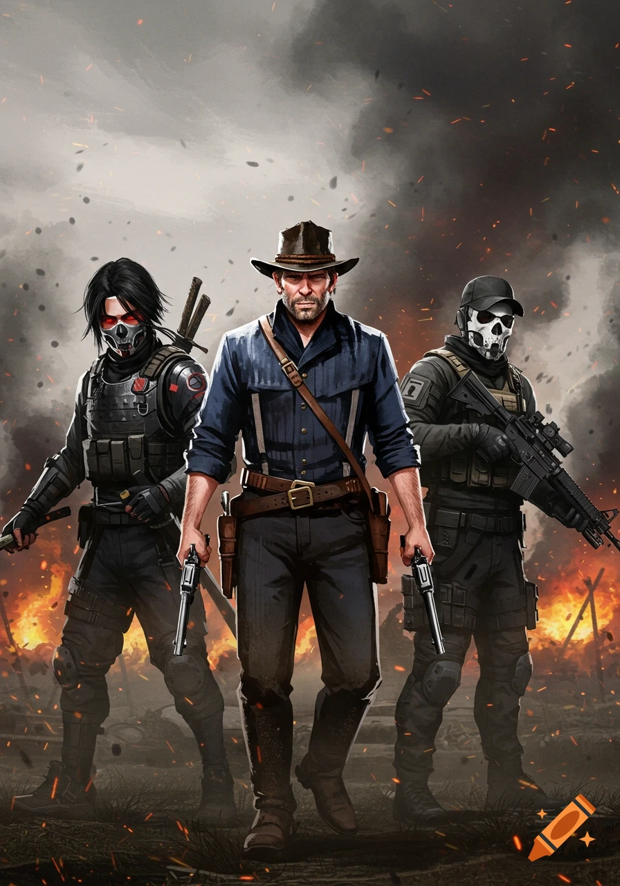 Digital painting of Arthur Morgan, Jin Sakai, and Simon "Ghost" Riley, armed and armored, standing in a smoky, fiery battlefield.