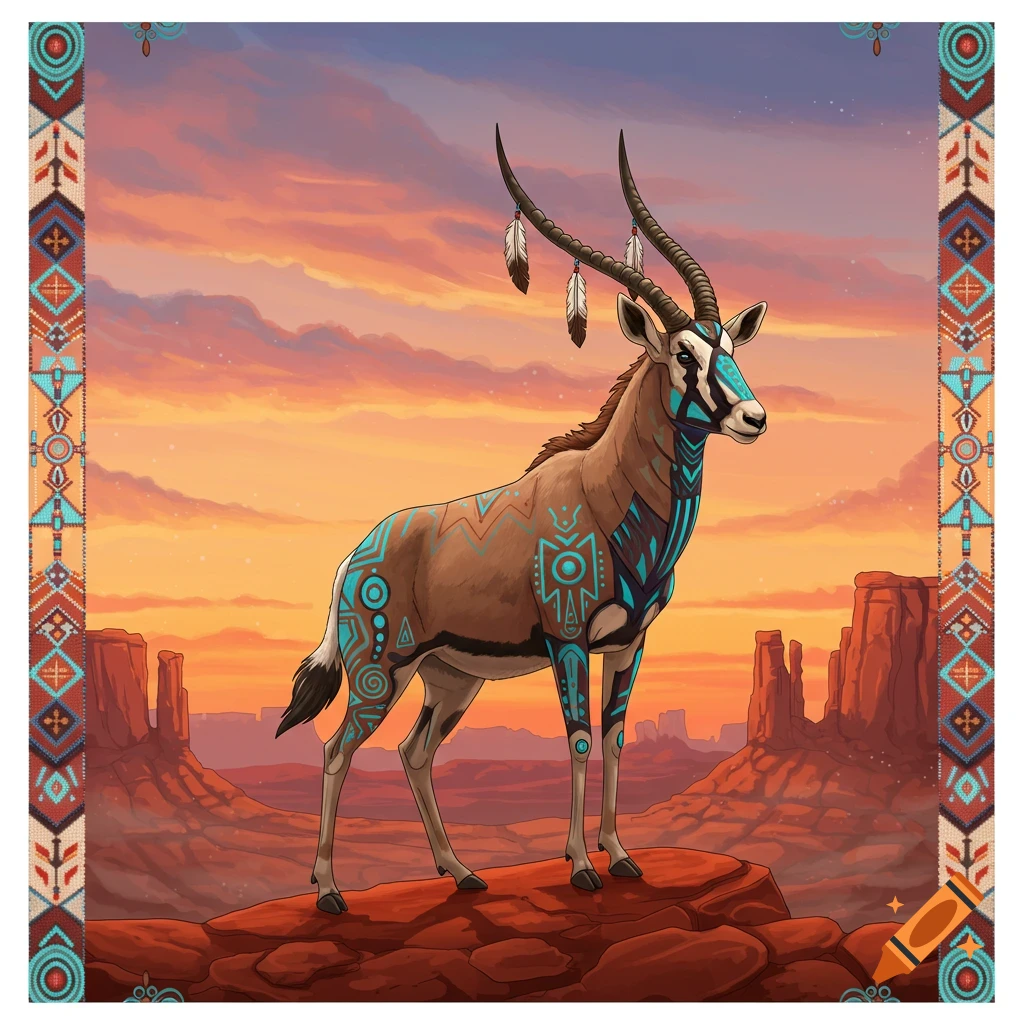 Native American art of an antelope with turquoise patterns and feathered horns in a desert landscape at sunset.