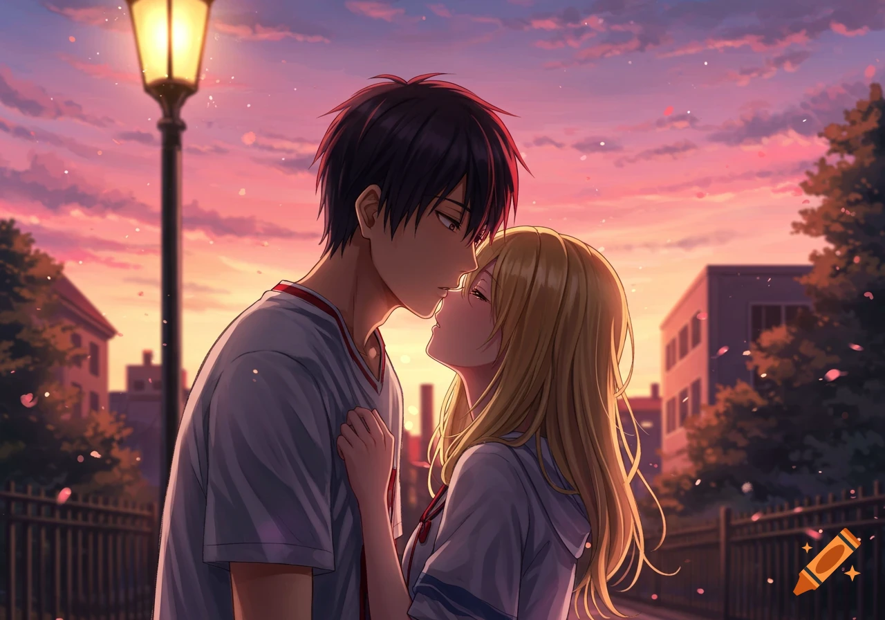 Anime illustration of a young couple about to kiss outdoors at sunset, with a lamppost and buildings in the background.