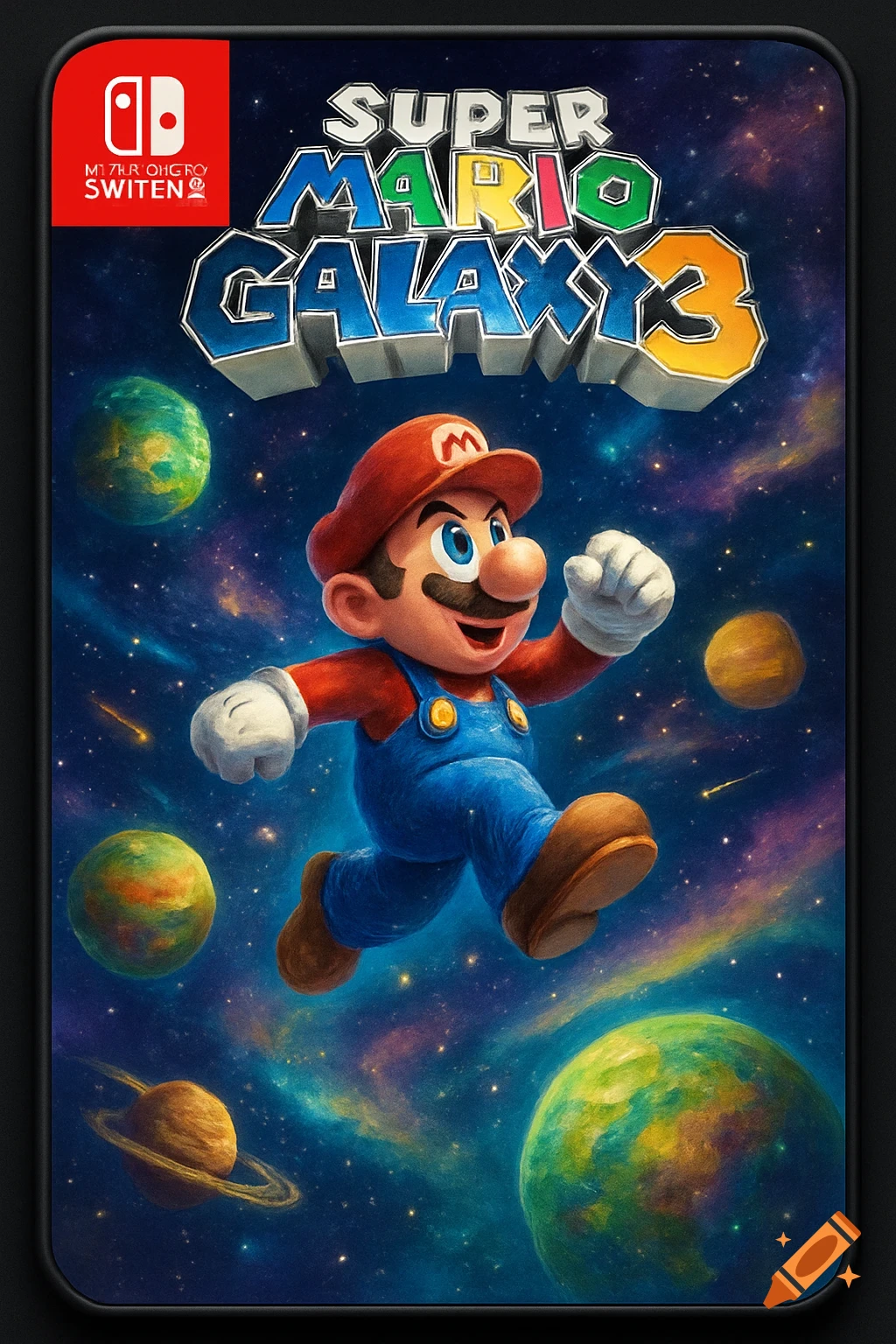 A vibrant Super Mario Galaxy 3 game cover depicting Mario running through a starry space scene with colorful planets.