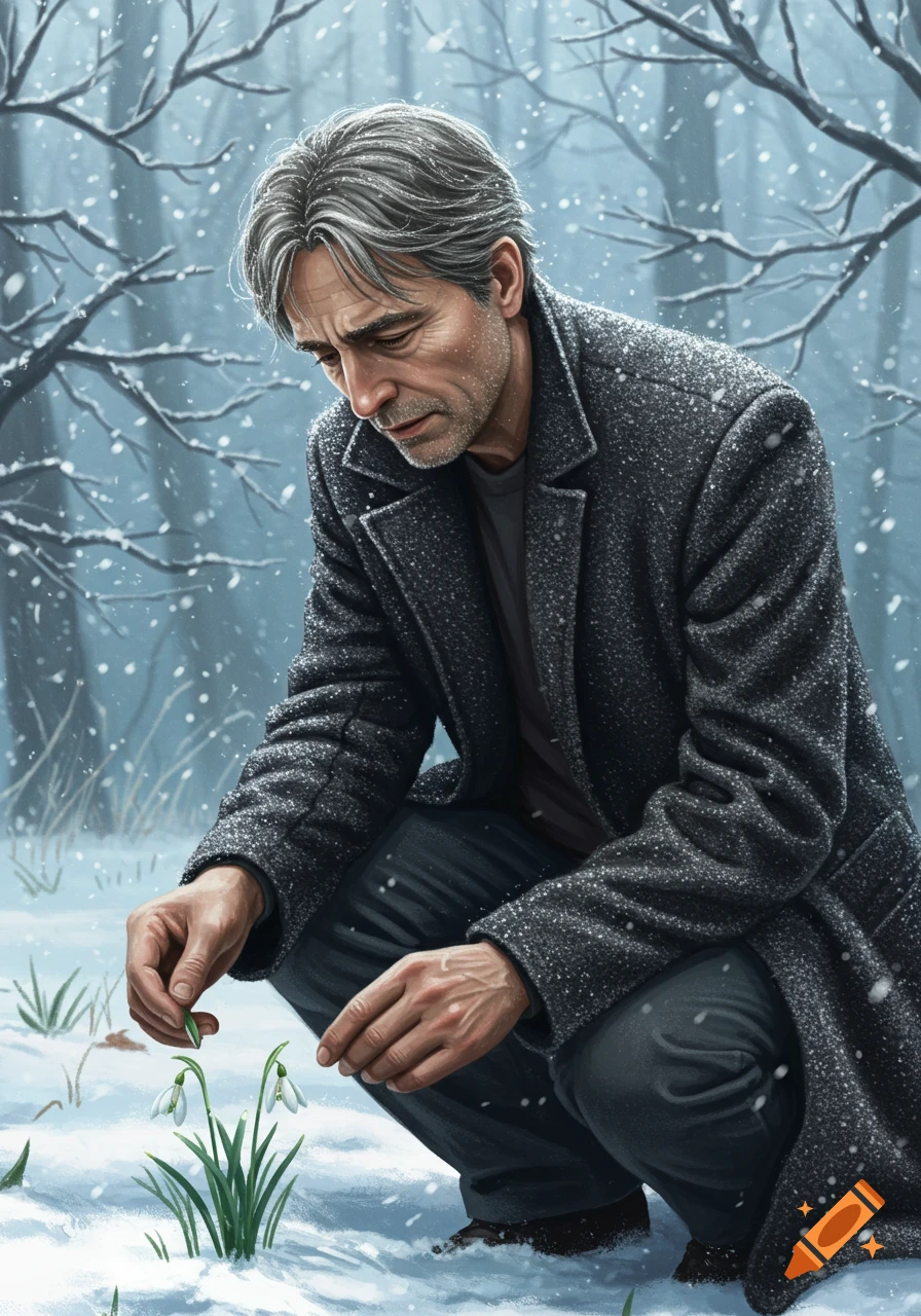 A gray-haired man kneels in a snowy forest, gently touching a snowdrop plant. Digital painting.