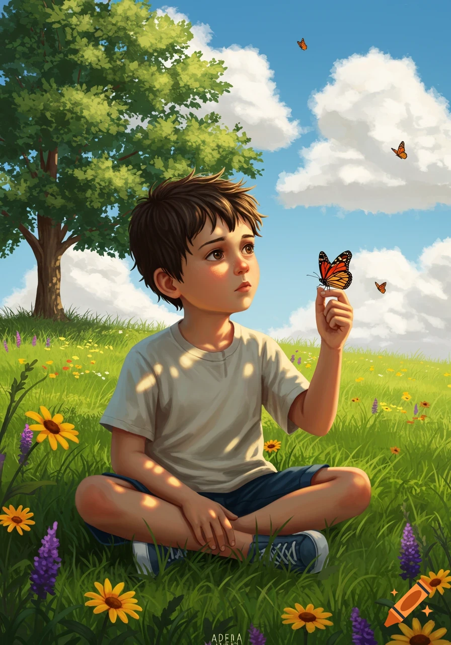 Stylized illustration of a boy sitting in a field of wildflowers, observing a butterfly on his finger under a blue sky.