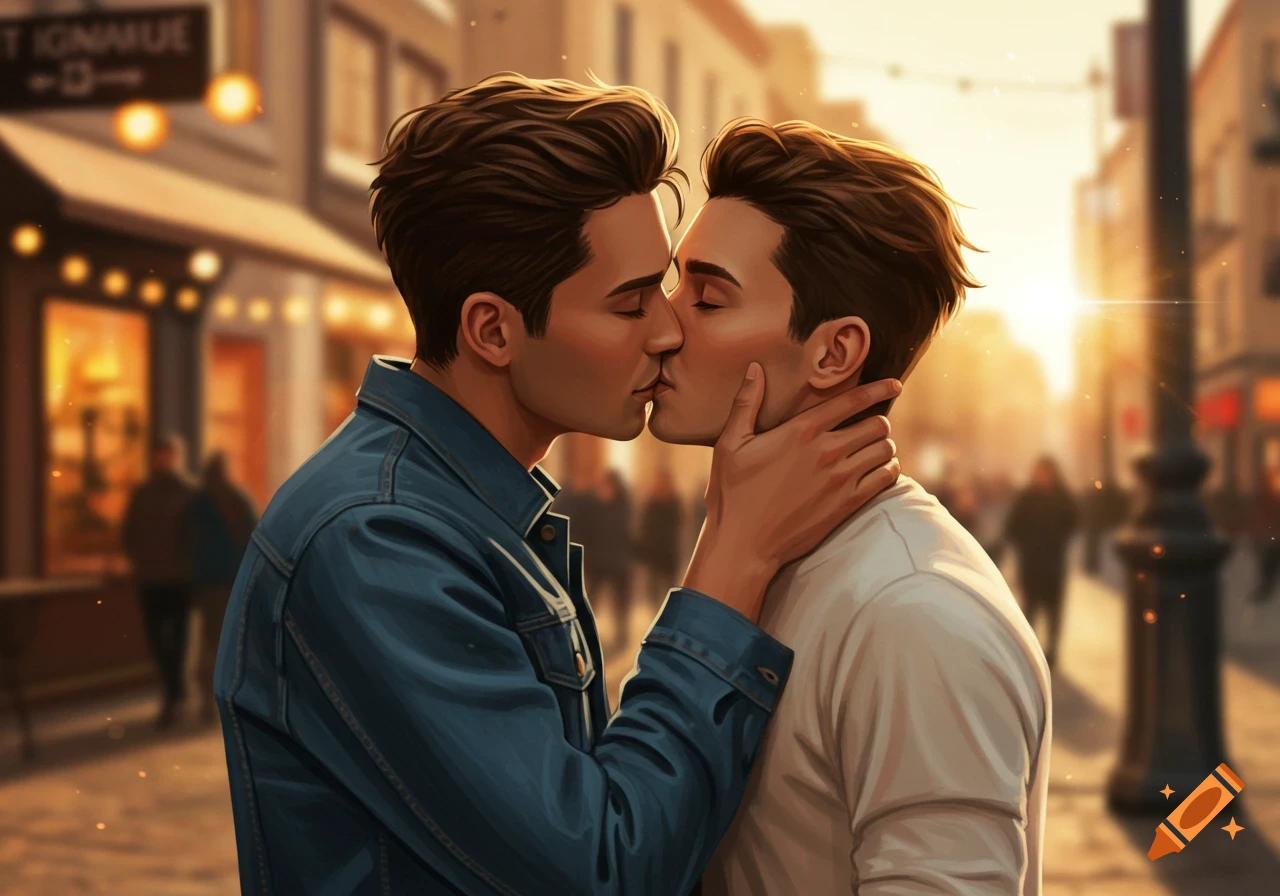 Two men kissing on a sunlit city street in an illustrative style.