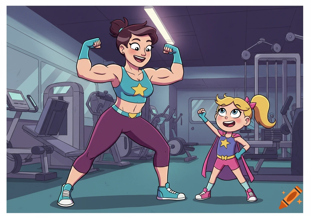 A muscular cartoon woman and a little girl in superhero costumes flex their muscles in a gym.