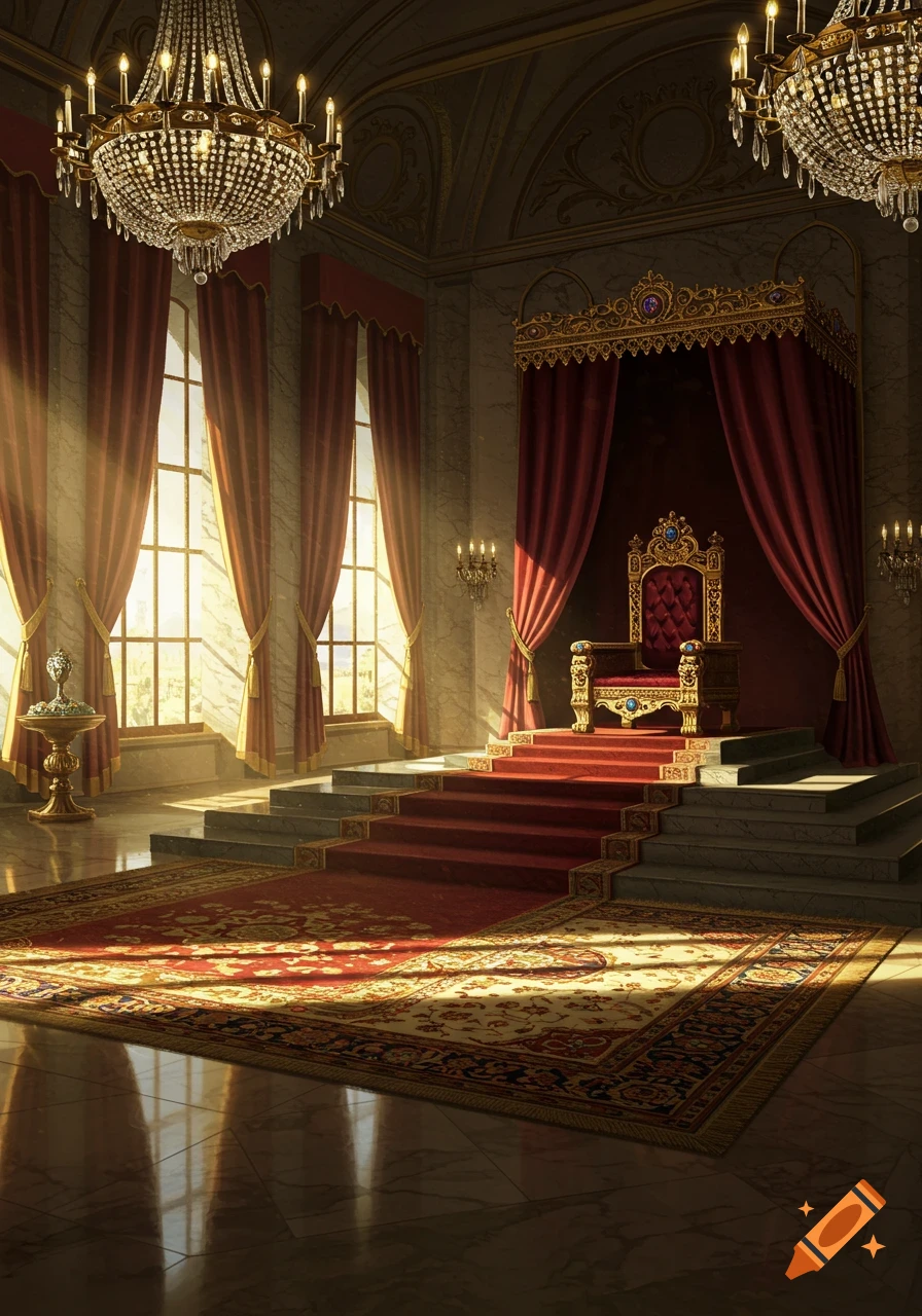 A grand and opulent throne room with a red and gold throne on a raised platform, ornate chandeliers, tall windows, and a patterned rug on a marble floor.