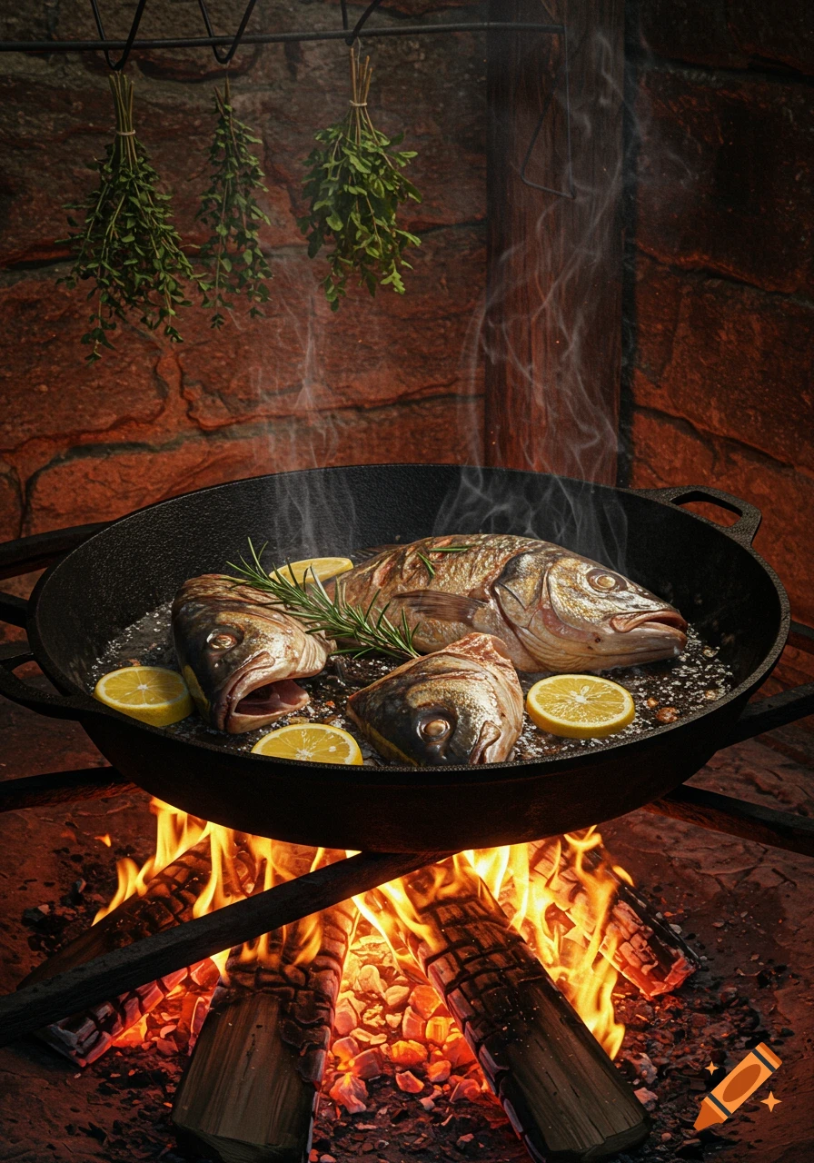 Fish and lemons cooking in a cast iron pan over a crackling open fire in a rustic stone fireplace.
