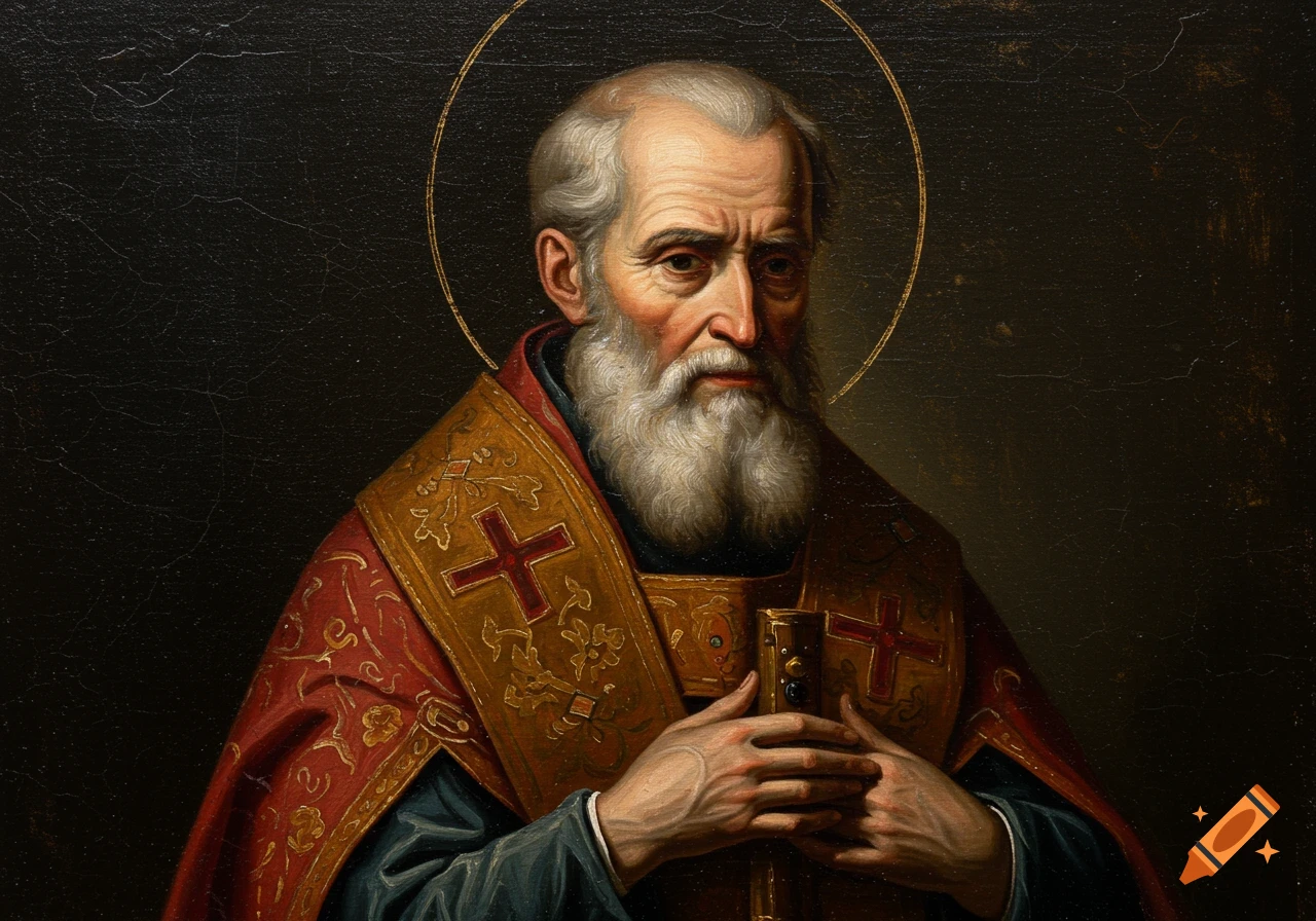 Oil painting of an elderly man with a white beard, halo, and red and gold religious robes, holding an object, with a solemn expression and aged canvas texture.