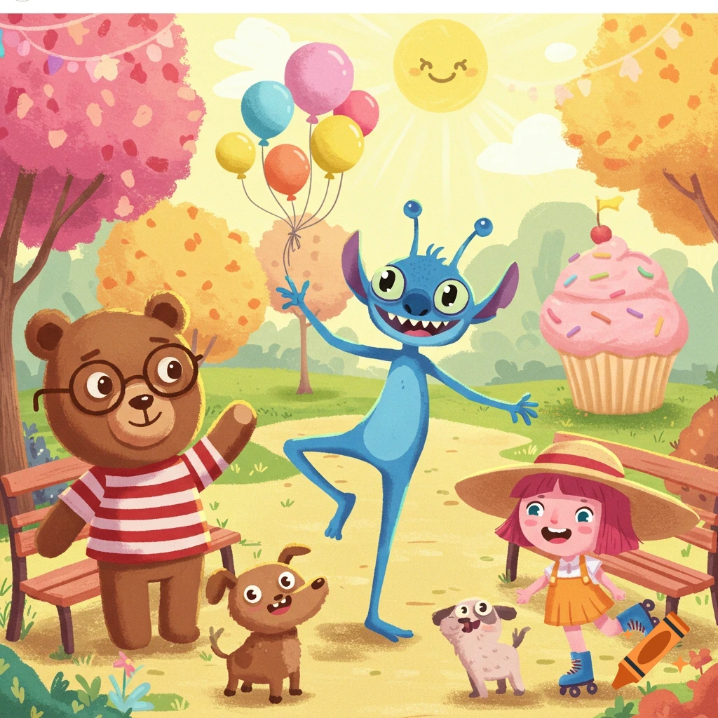 Whimsical cartoon illustration of a bear, a blue monster, a girl on roller skates, and two dogs playing in a sunny park with balloons.