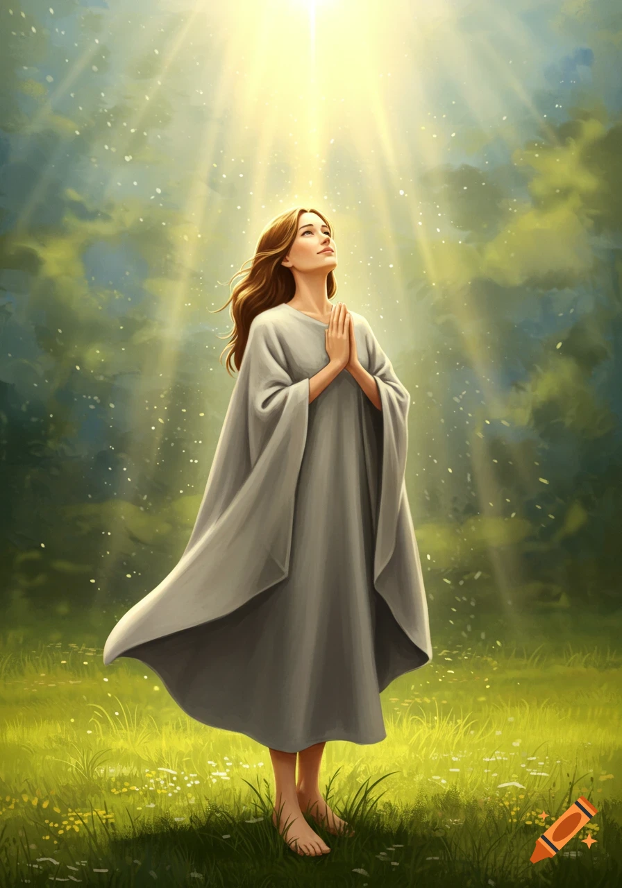 Barefoot woman in gray tunic praying in a lush green field, looking up at golden rays of divine light. Painterly art style.