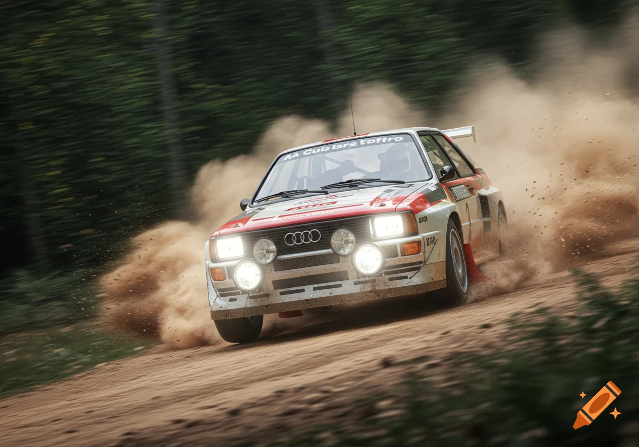 A classic Audi S1 Quattro rally car speeds on a dirt track, kicking up dust, in a photorealistic style.
