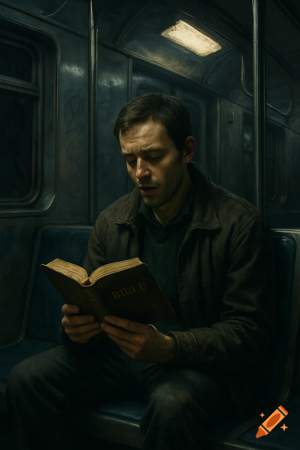 A man in a dark jacket sits on a subway train, engrossed in reading an old book titled "BIBLE".