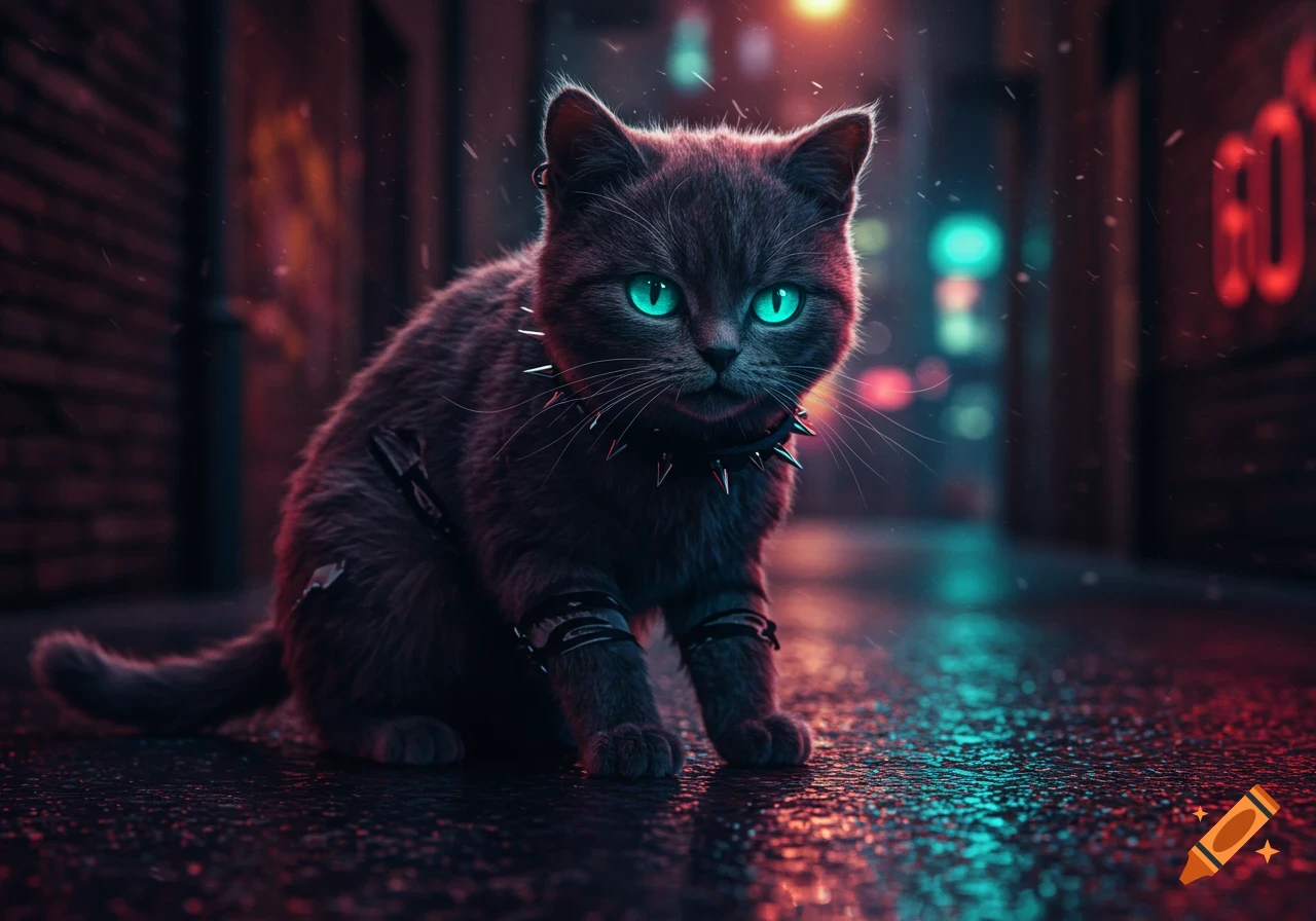 A dark grey cat with bright teal eyes and a spiked collar sits on a wet alley floor, illuminated by red and blue neon lights.