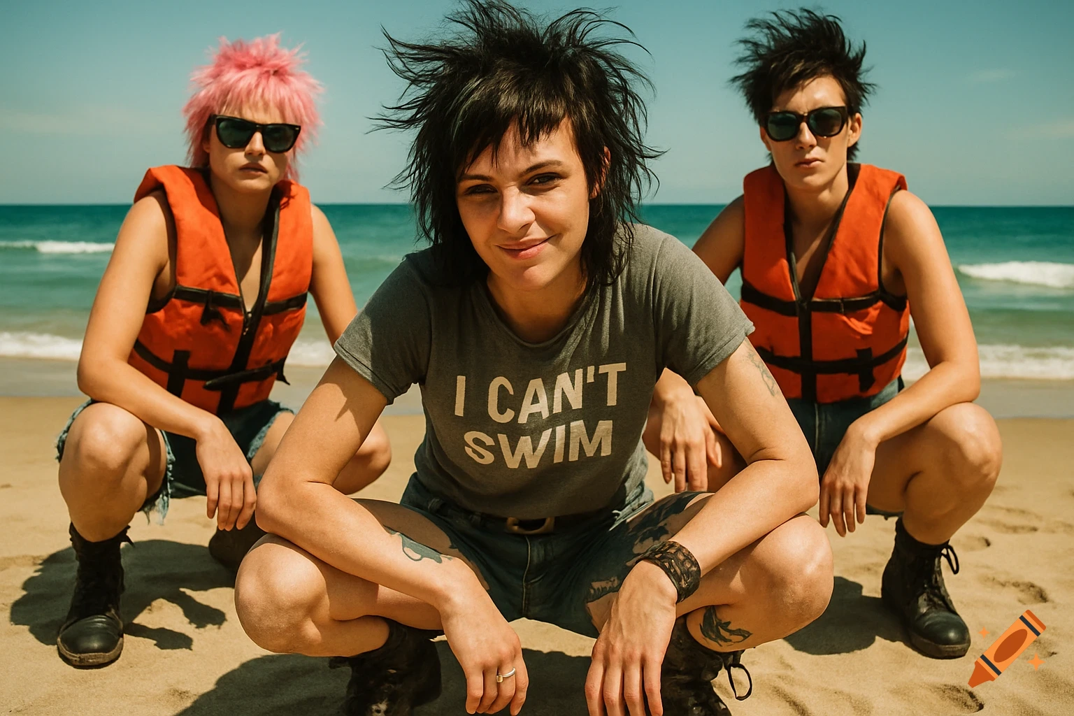 Three punk women in life jackets and shorts squat on a beach, the center woman's shirt says 'I CAN'T SWIM'.
