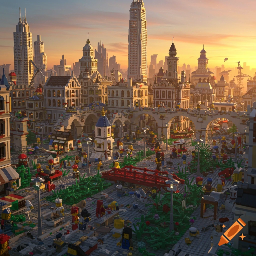 An aerial view of an intricate Lego city featuring tall buildings, arching bridges, and numerous minifigures bustling in a town square, bathed in the warm light of a sunset.