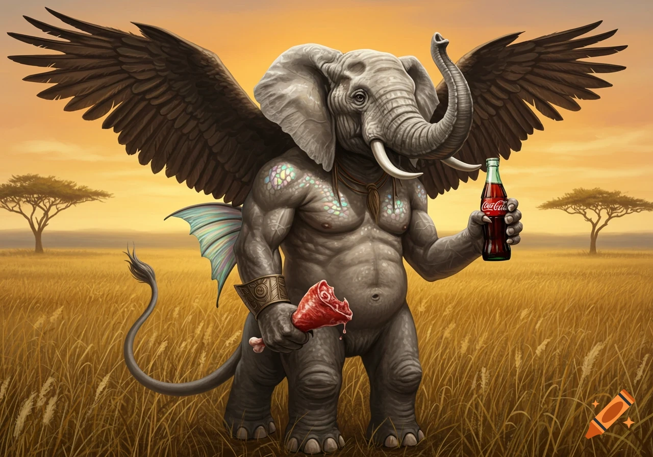 A muscular elephant-headed creature with large eagle wings and a fin, holding a raw meat leg and a Coca-Cola bottle in a golden savanna.