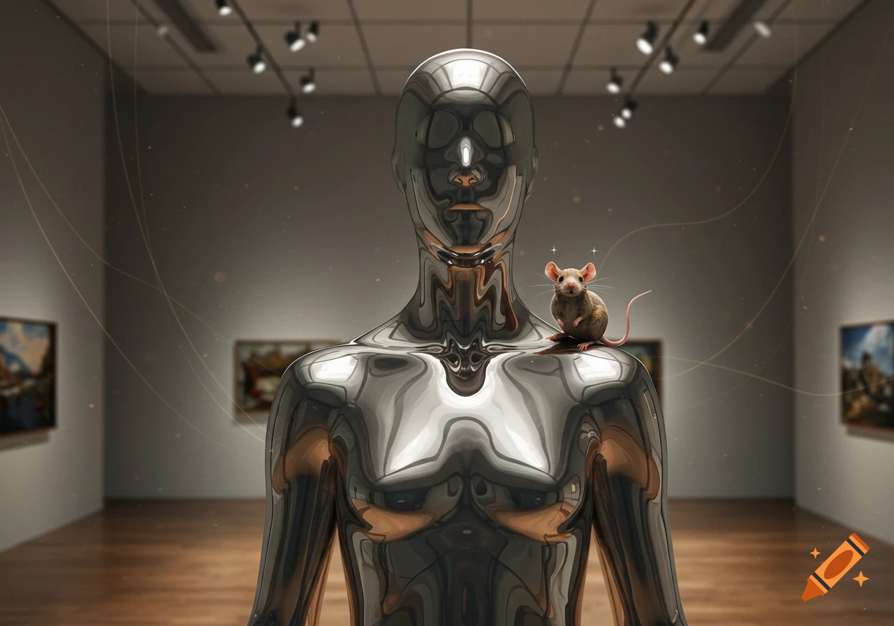 A shiny chrome mannequin with a small mouse on its shoulder stands in an art museum with paintings on the walls.