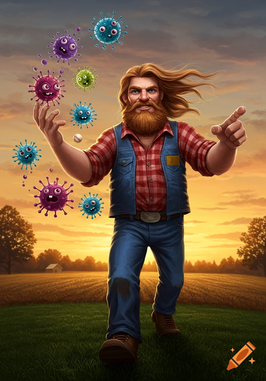 A bearded man in a plaid shirt and denim vest juggles colorful cartoon germs in a grassy field at sunset, pointing towards the viewer.