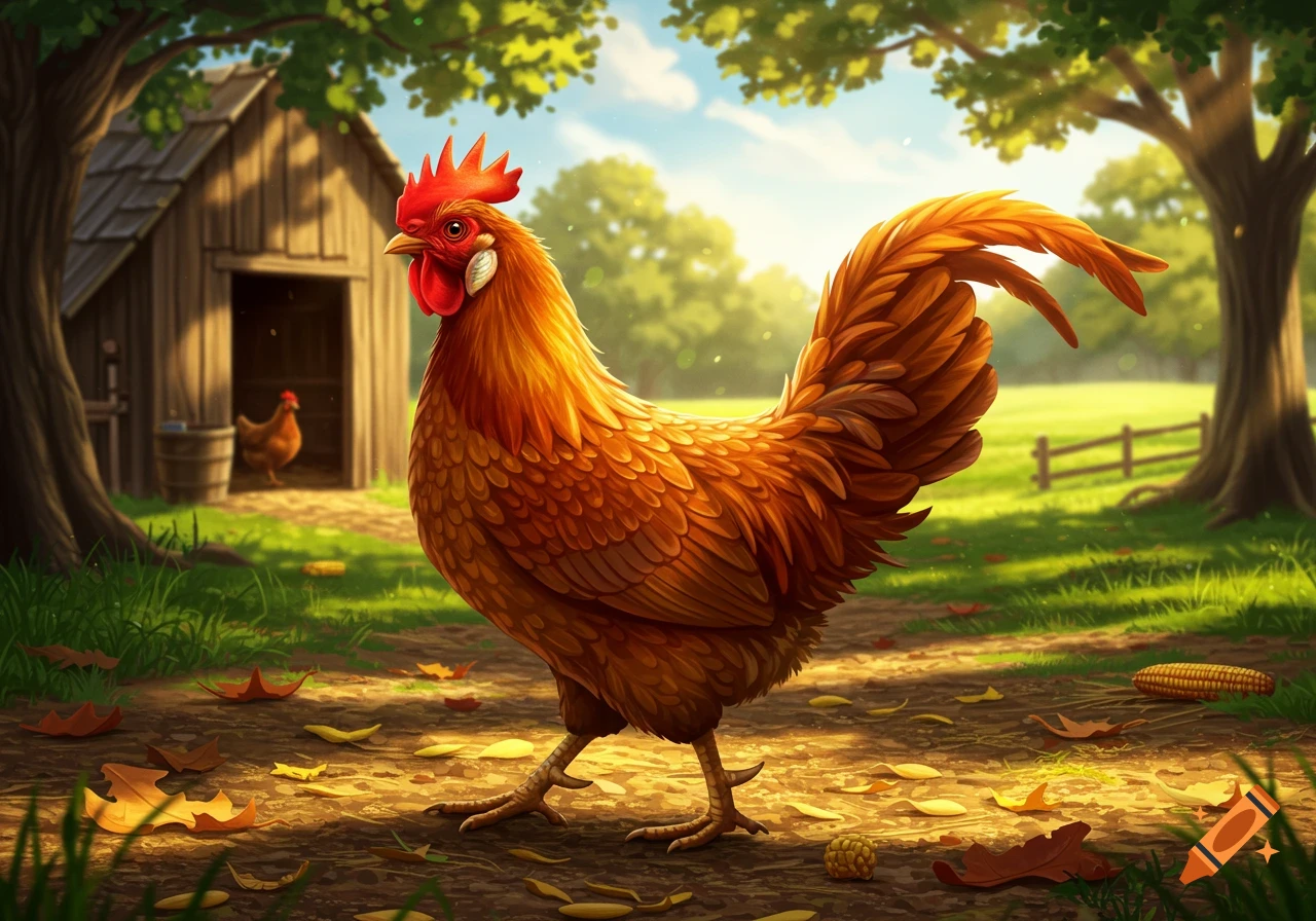 A vibrant golden-brown rooster walks on a sunlit dirt path in a farmyard with a coop, trees, and green grass.