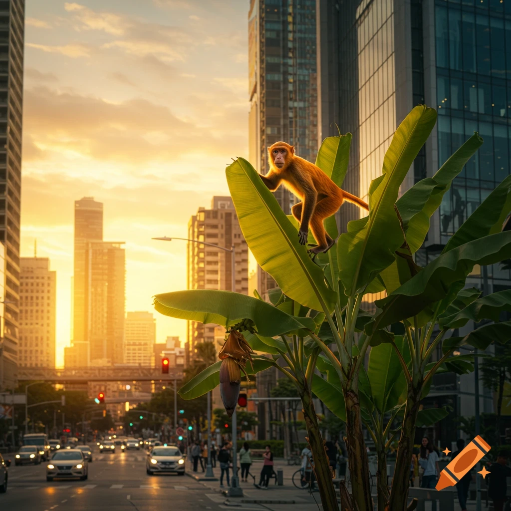An orange monkey perches on a banana leaf in a city street, illuminated by the golden sunset, with tall buildings.