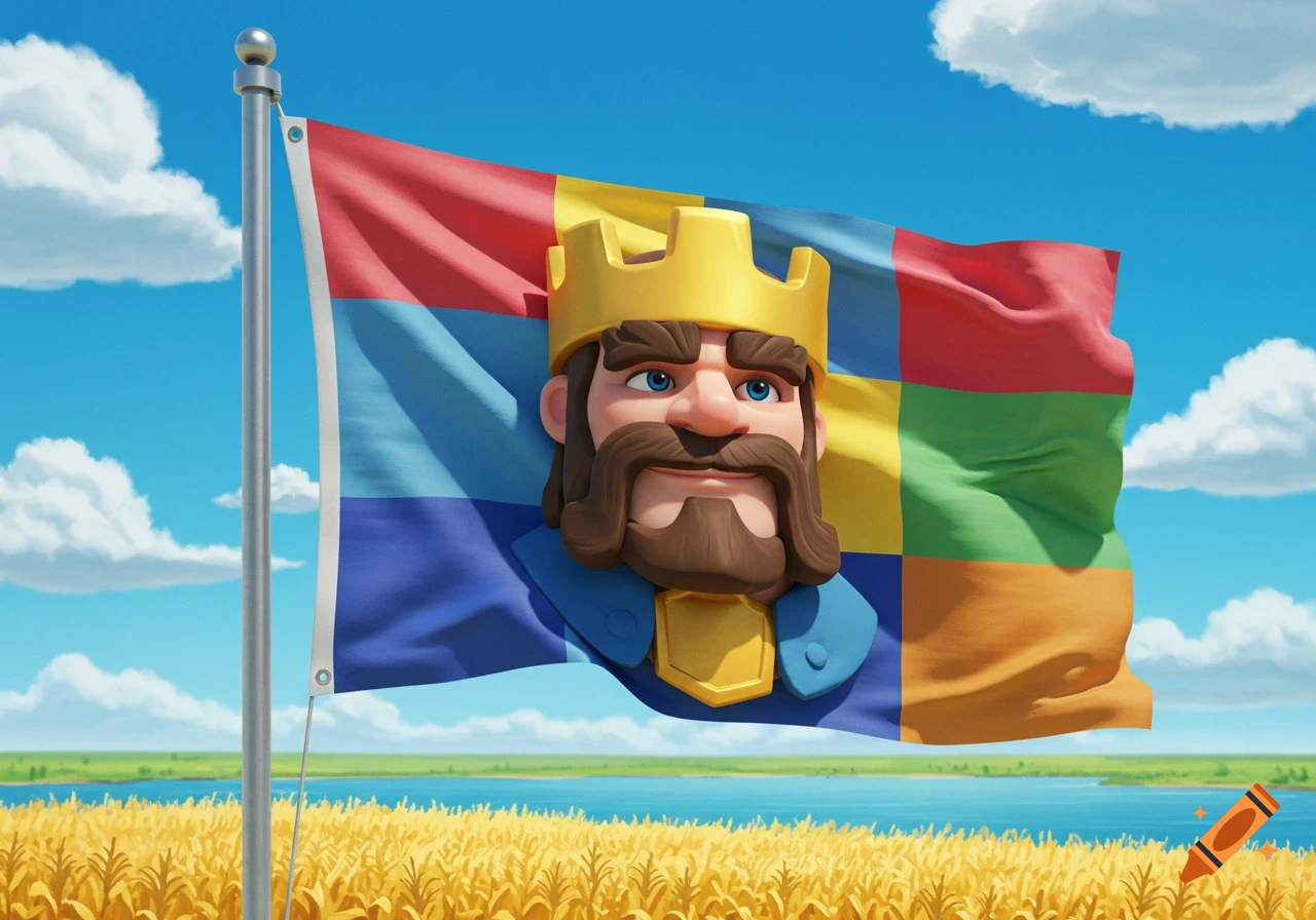Cartoon Clash Royale king on a colorful patchwork flag flying over a golden crop field.