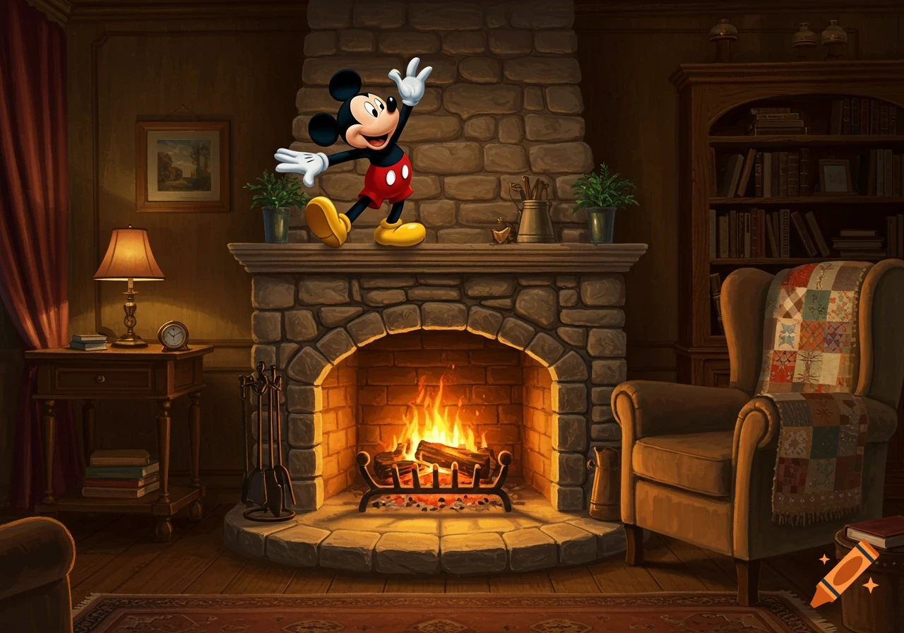 Mickey Mouse stands on a stone fireplace mantel in a warm, cozy room with a burning fire, armchair, and bookshelf.