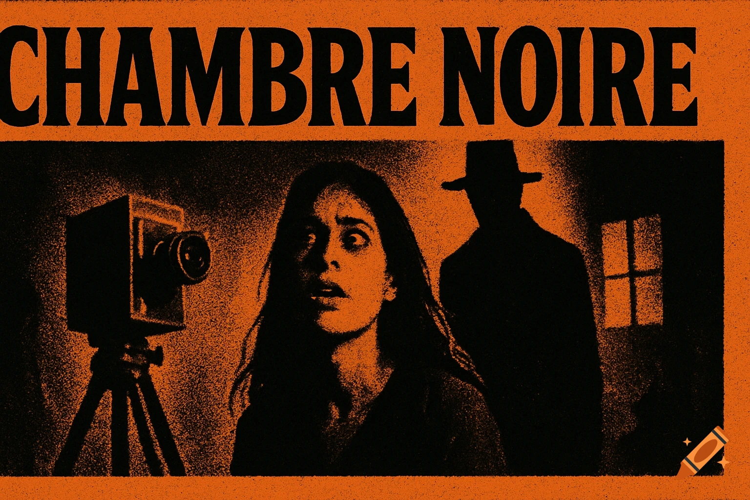 A vintage horror movie poster for "CHAMBRE NOIRE" in orange and black, featuring a scared woman, a shadowy figure, and an old camera.