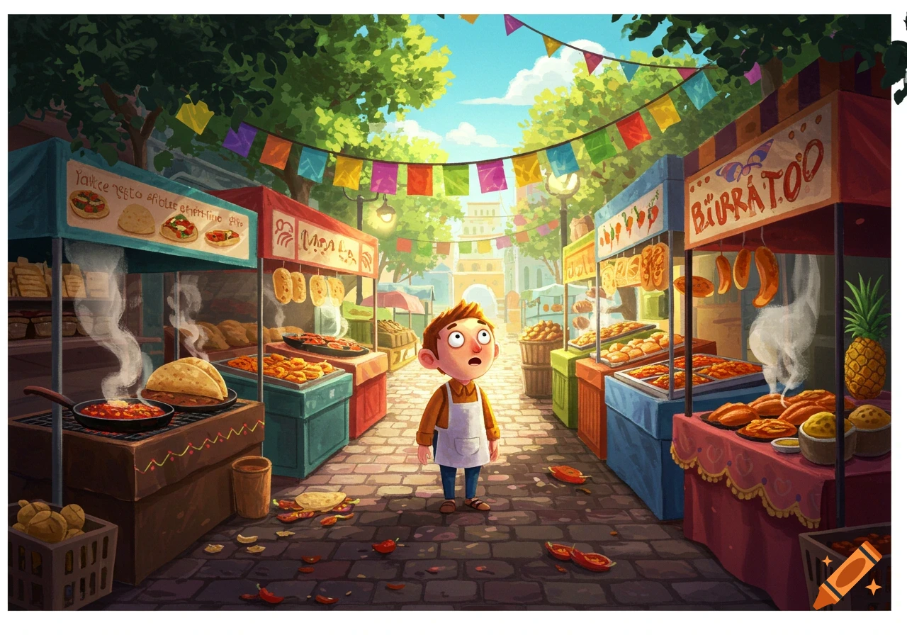 A surprised cartoon boy stands in a bustling market street lined with food stalls selling various dishes and bread, under colorful banners.