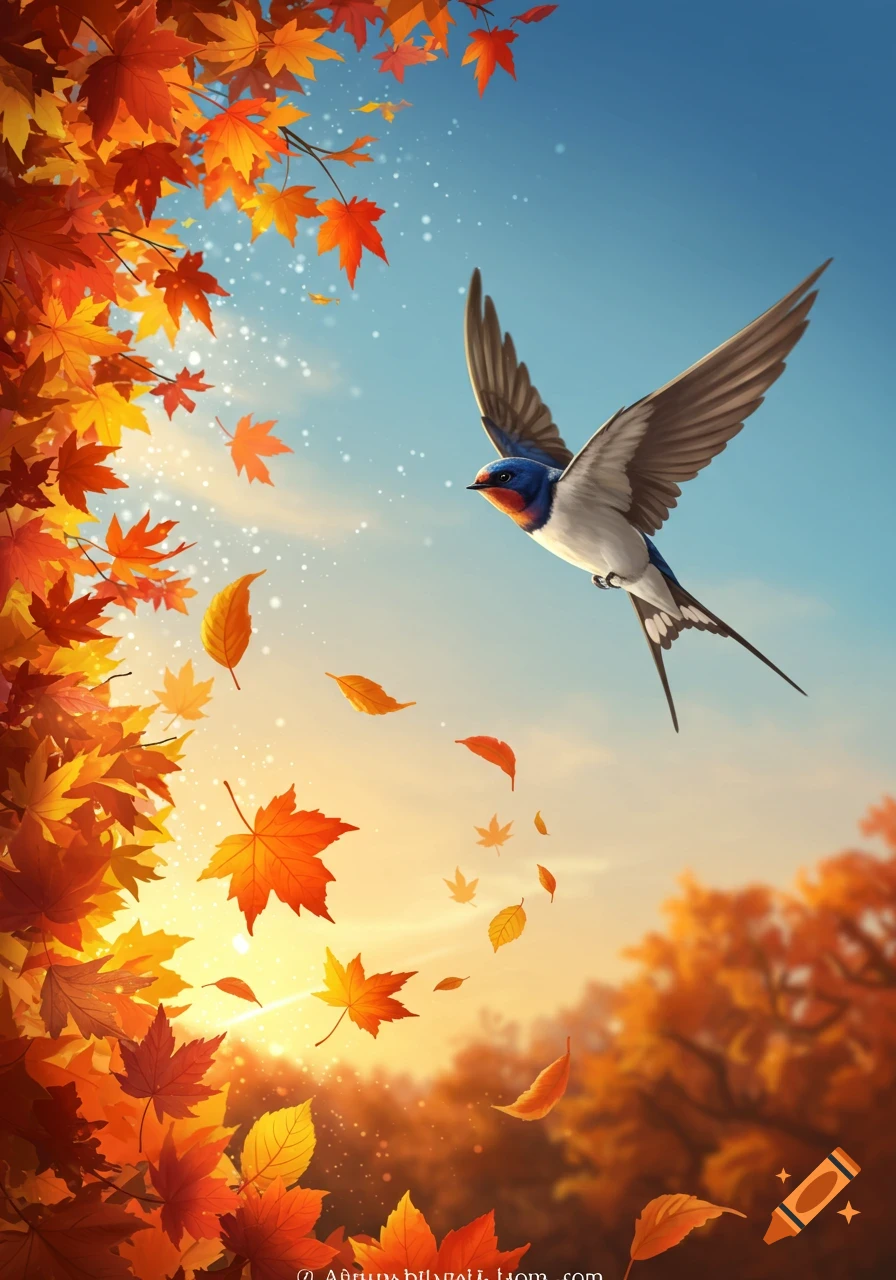 A barn swallow with blue and white plumage flies through a bright autumn sky filled with falling orange and red maple leaves.