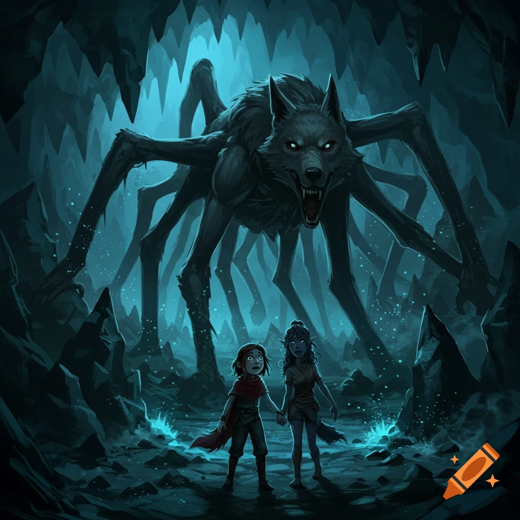 Two scared children hold hands, facing a giant, multi-legged wolf creature with glowing eyes in a dark, blue-lit cave.