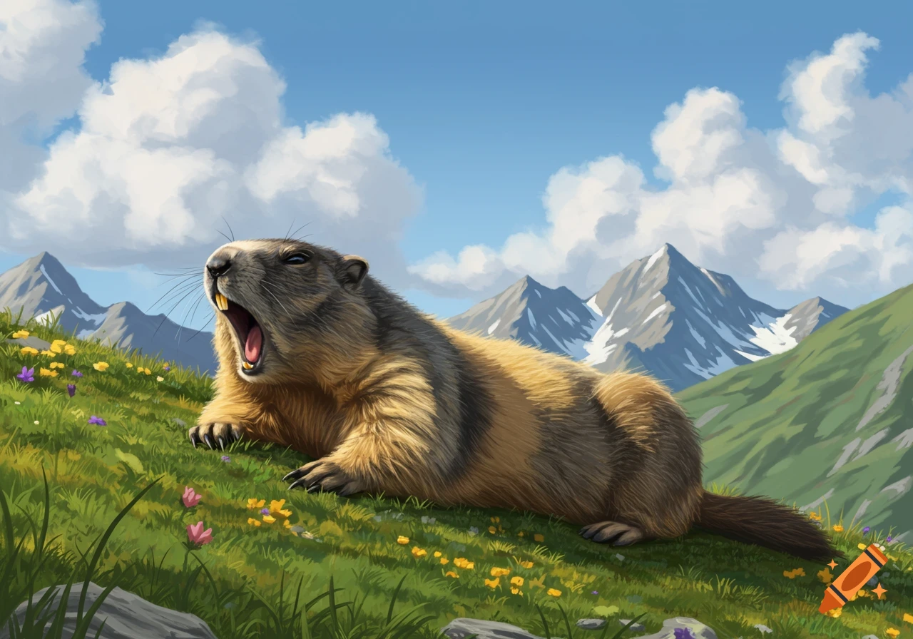 A brown and tan marmot with its mouth wide open, lying on a grassy mountain slope with wildflowers and snow-capped peaks under a blue sky, digital painting.