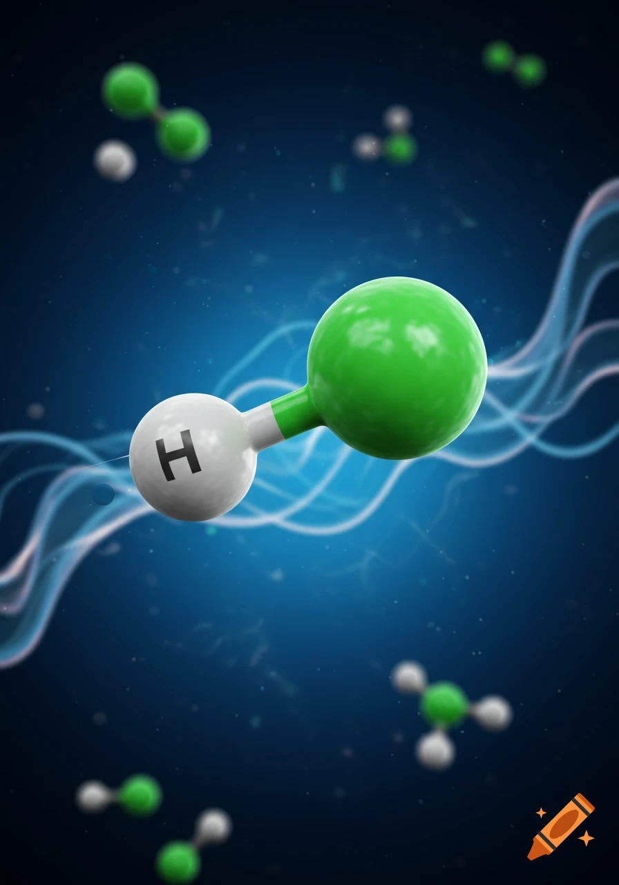 A 3D render of a hydrogen chloride (HCl) molecule with a white H atom and a green Cl atom, against a blue background with faint waves.