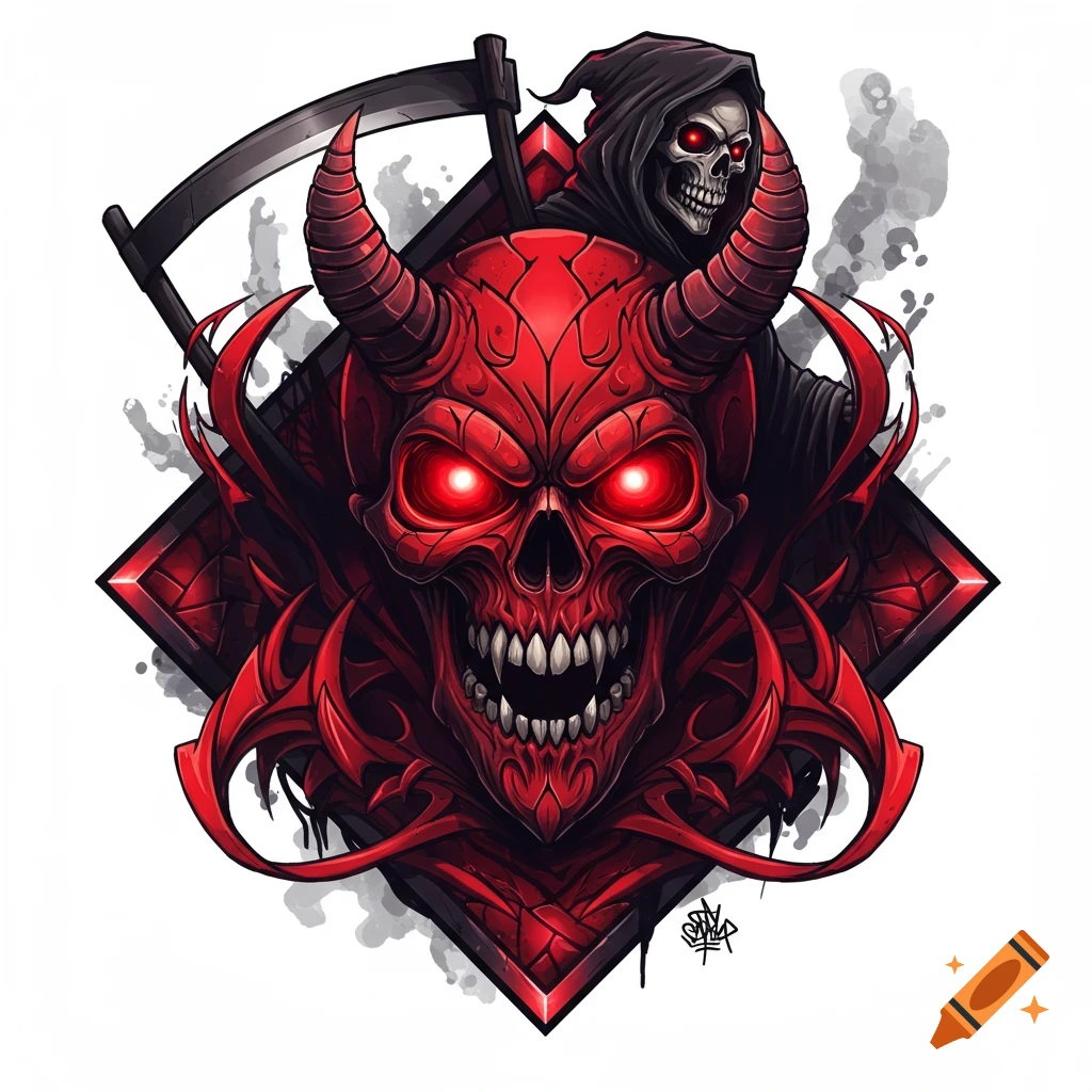 Graphic illustration of a red demonic skull with glowing eyes and jagged teeth, a grim reaper with a scythe behind it, in a bold graffiti style.