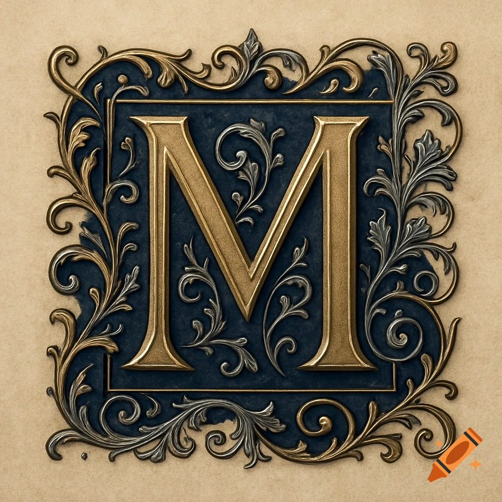 Ornate golden letter M with intricate silver and gold filigree on a dark blue background.