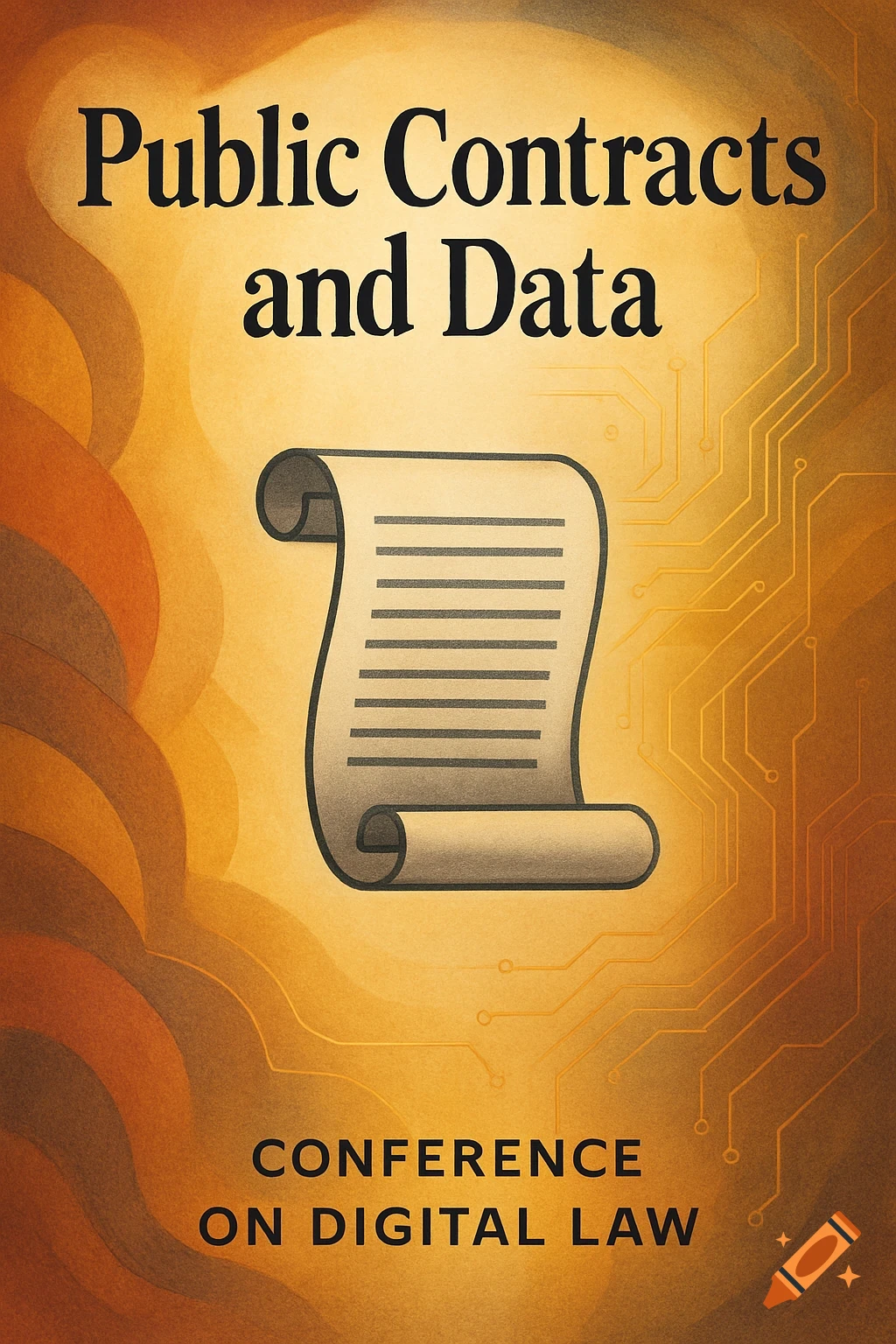 A conference poster titled 'Public Contracts and Data' and 'Conference on Digital Law', with a scroll and circuit board patterns on a warm orange background.