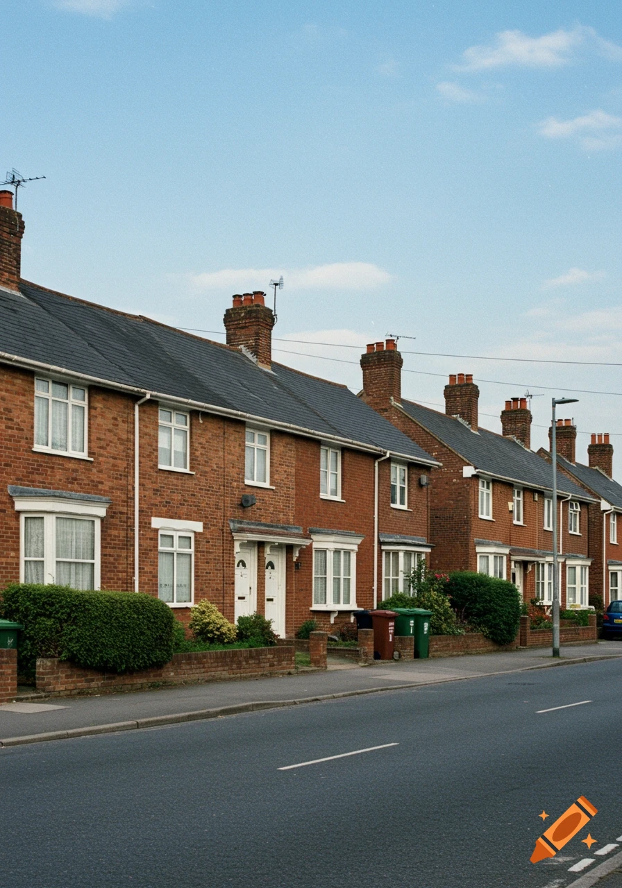 A row of red brick semi-detached houses with gray roofs and white windows lining a street under a blue sky.