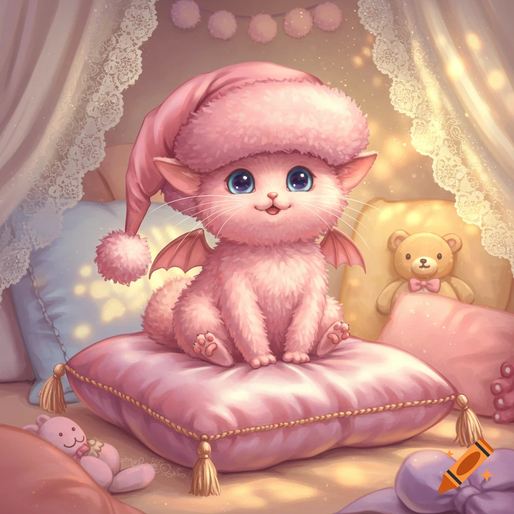 A cute furry pink winged cat in a pink nightcap sits on a plush pink pillow in a pastel bedroom, illustration.