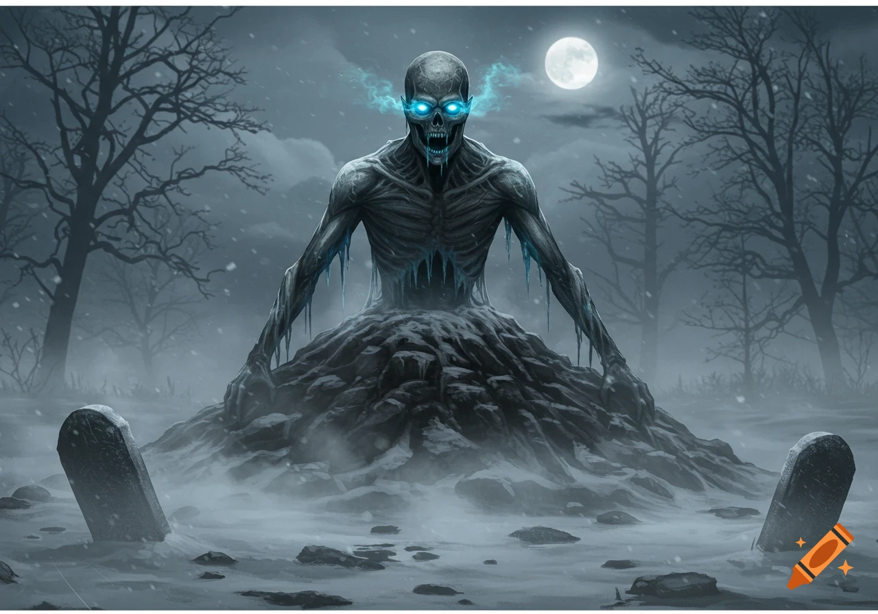 A skeletal draugr with glowing blue eyes rises from a snowy graveyard under a full moon, surrounded by bare trees.