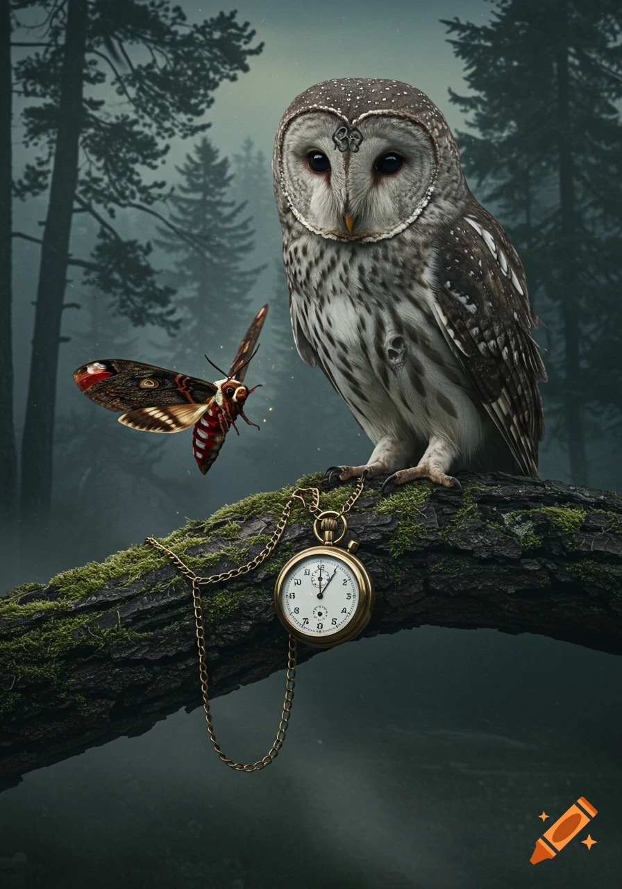 A photorealistic barred owl perched on a mossy branch with a moth and pocket watch in a dark, misty forest.