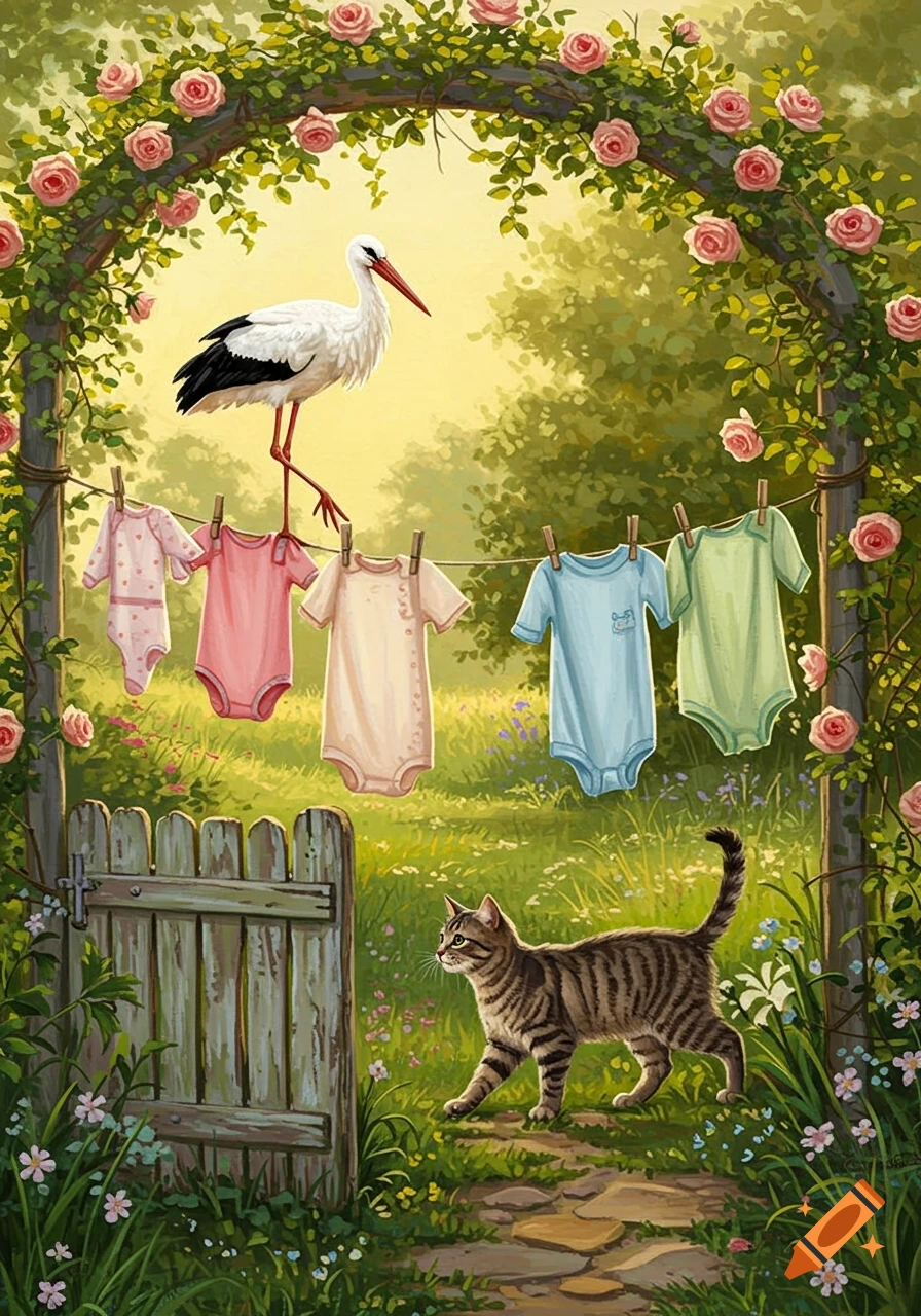 A stork perches on a clothesline with baby clothes in a sunny garden with a rose arch, while a tabby cat walks past a wooden gate.