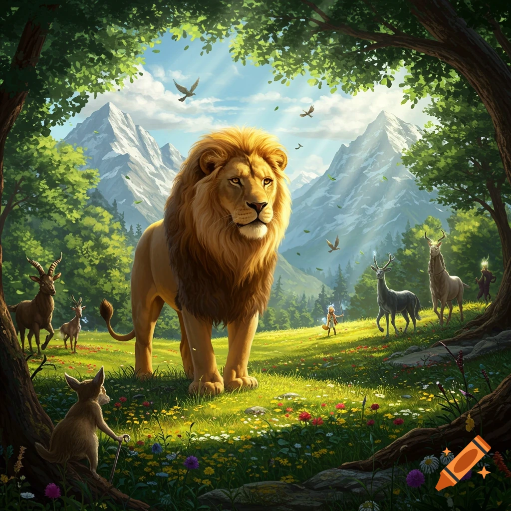 A majestic lion stands in a sunlit fantasy meadow with deer, a small person, trees, and mountains in the background.