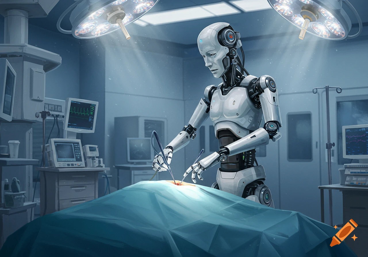 A humanoid robot performs surgery on a patient in a brightly lit operating room, digital art.