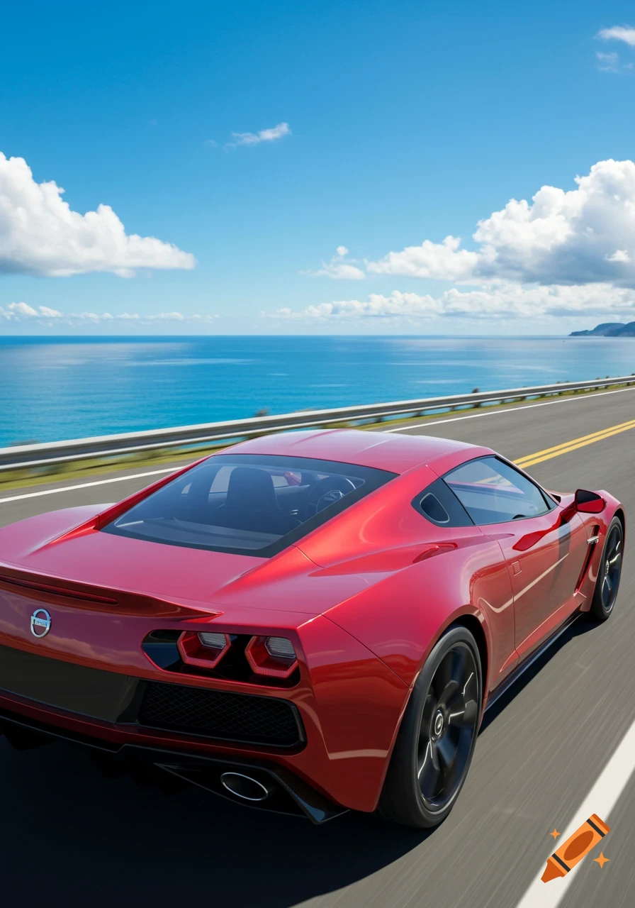 A red sports car speeds along a coastal highway with a blue ocean and sky in the background, captured in a photorealistic style.