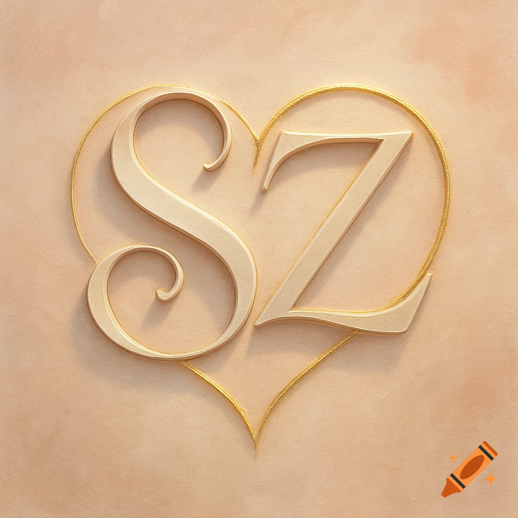 Stylized golden letters 'S' and 'Z' form a heart shape on a textured beige background.