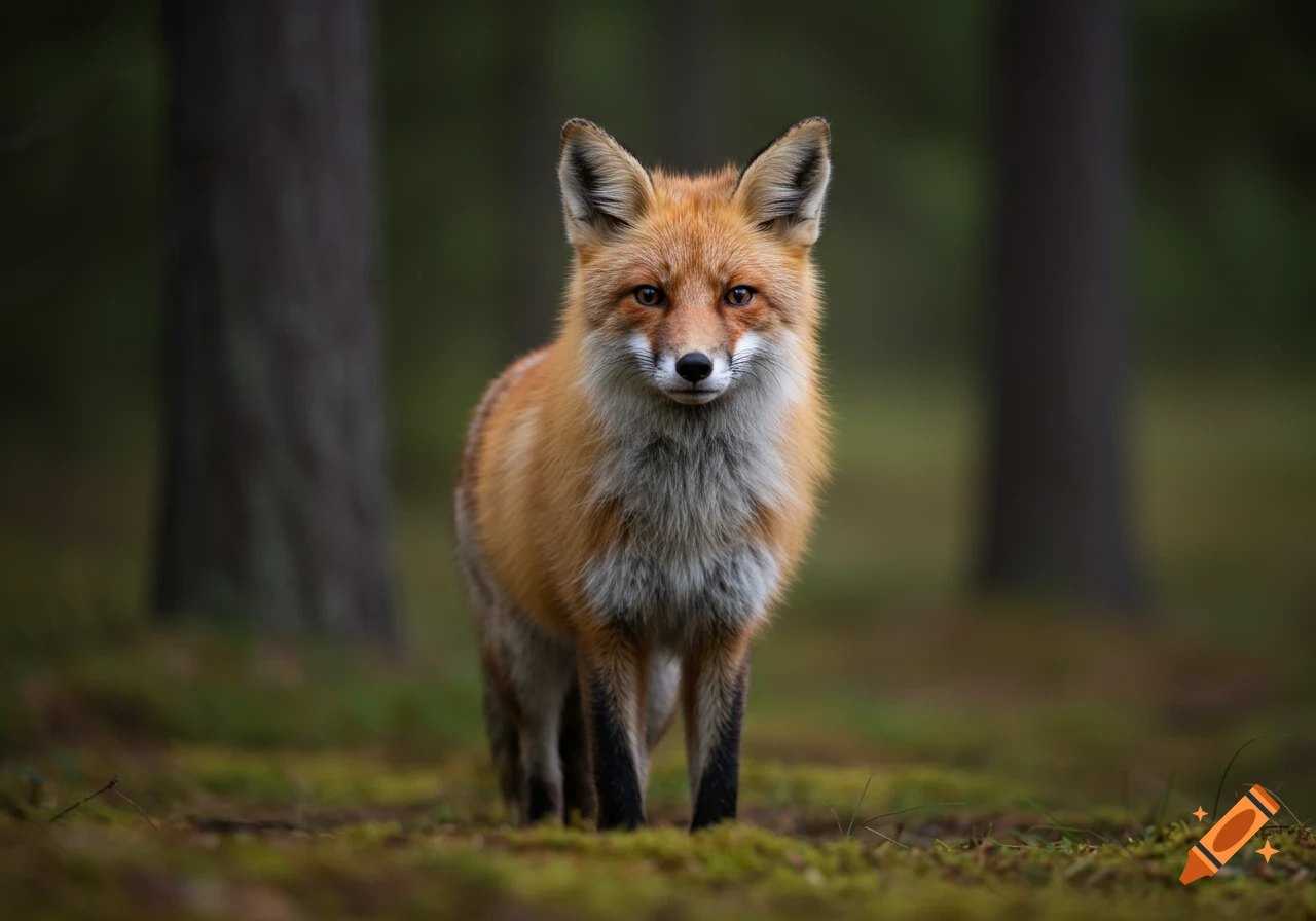 A photorealistic red fox with a white chest stands in a forest, looking directly at the viewer.
