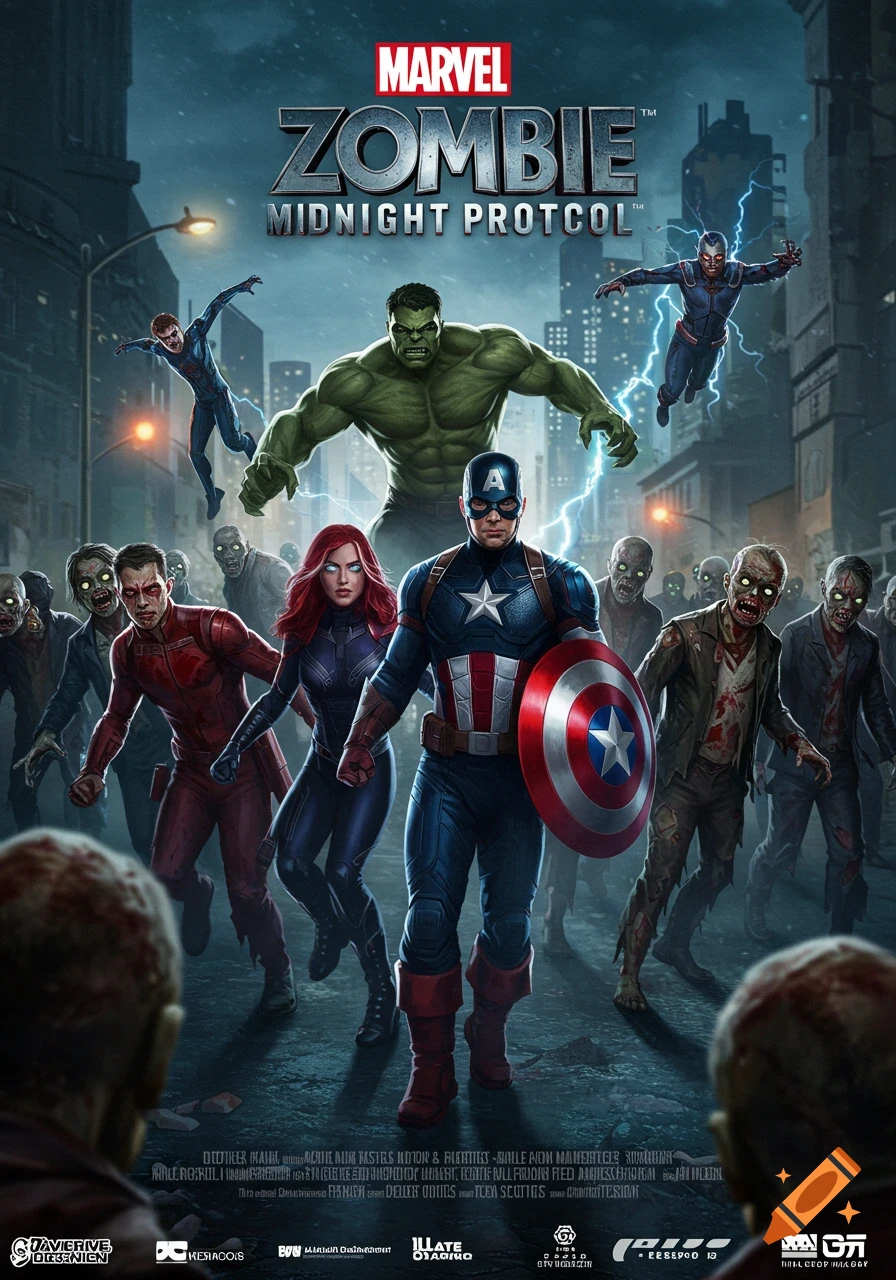 Movie poster showing Marvel heroes like Captain America, Hulk, and Black Widow fighting a horde of zombies in a dark city street.