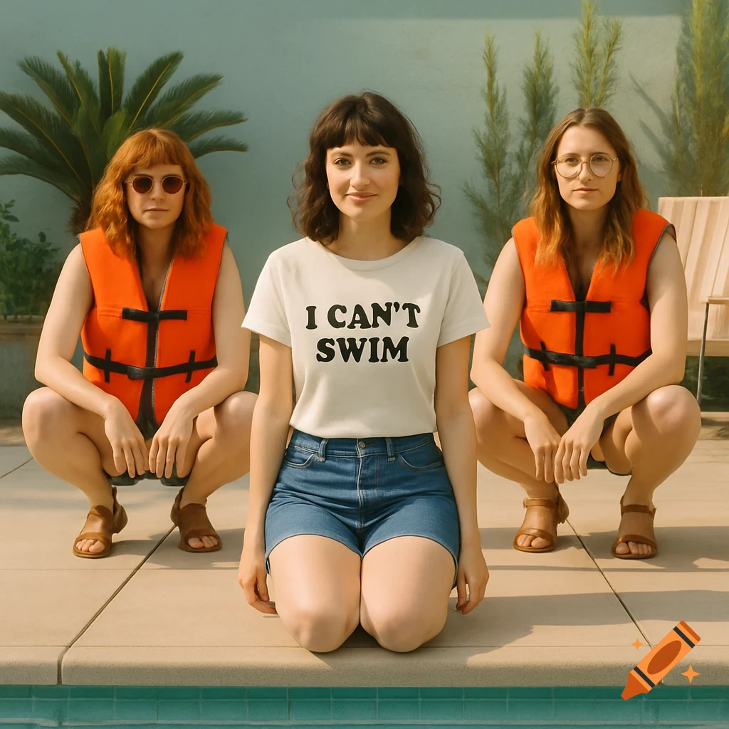 Three women pose by a pool. The central woman kneels, wearing a t-shirt that says 'I CAN'T SWIM'. The two on the sides squat in orange lifejackets.